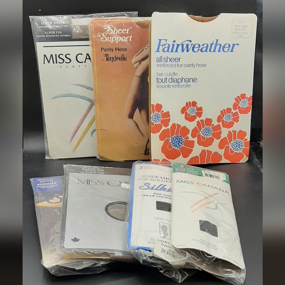 NOS 5 Woman's Pantyhose & Two Knee Highs Silkies Fairweather Miss Canada Normal
